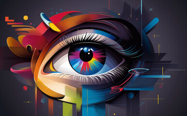 A close-up of the human eye is surrounded by digital graphics and blue light patterns, creating a futuristic and technological feel. Intricate details of the eye aid in identification. AI generated.