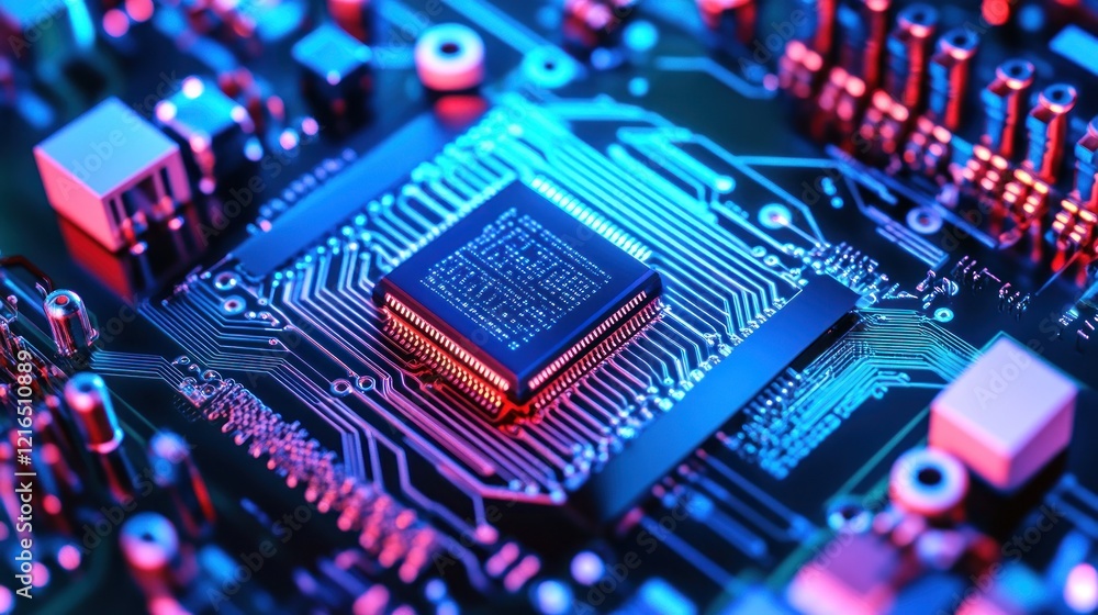 Poster close-up view of a circuit board with a microchip