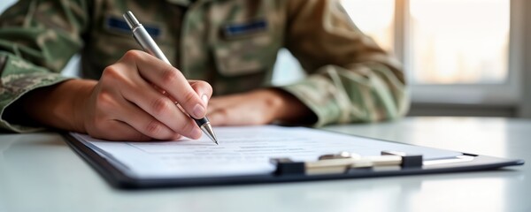 Military person fills out form for financial assistance program. Veteran applying for loan repayment support. Financial relief opportunities for military members. Document signing for debt