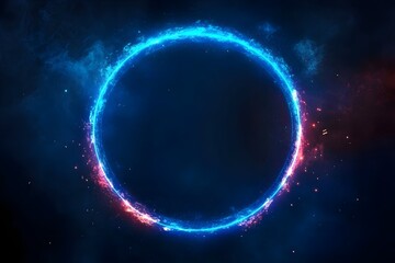 Neon blue circle frame on a dark background.