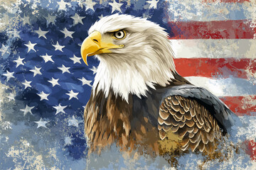 Bald eagle in front of American flag background