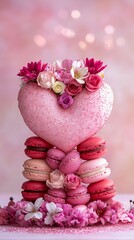 Delicate macaron tower in shades of pink and red, shaped like a heart, decorated with edible glitter and flowers