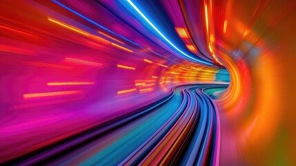 A blurred train speeds past a modern train station,