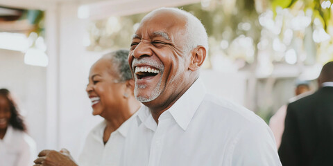 Senior couple joyfully laughing during a celebration