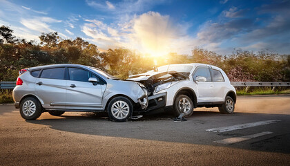 交通事故、衝突した自動車。（Traffic accident, crashed cars.）
