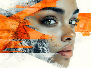 Abstract Face Art: Orange Hues & Mountain Peaks