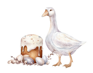 Watercolor hand drawn Illustration of goose and Easter Kulich with White Icing and Colorful Sprinkles. Colored Chicken and quail eggs and Traditional Easter cake and adorned with willow branches.