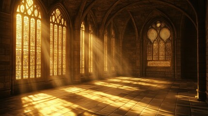 Obraz premium Sunlight streams through vibrant stained glass windows in a medieval cathedral, painting the interior with warm golden hues and intricate, colorful patterns.
