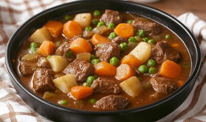 Delicious beef stew with vegetables served in a black bowl at a cozy kitchen setting