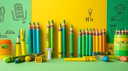 Colorful back to school stationery set with pencils, pens, and supplies on paper