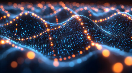 Abstract digital background with glowing blue and orange particles flowing in waves