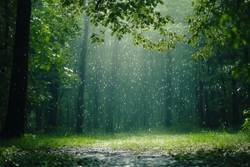 Gentle rain falling on a peaceful forest clearing, with the soft sound of raindrops adding to the serene, calming atmosphere