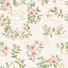 Delicate floral pattern featuring soft pink blossoms and lush greenery on a light beige background throughout the design