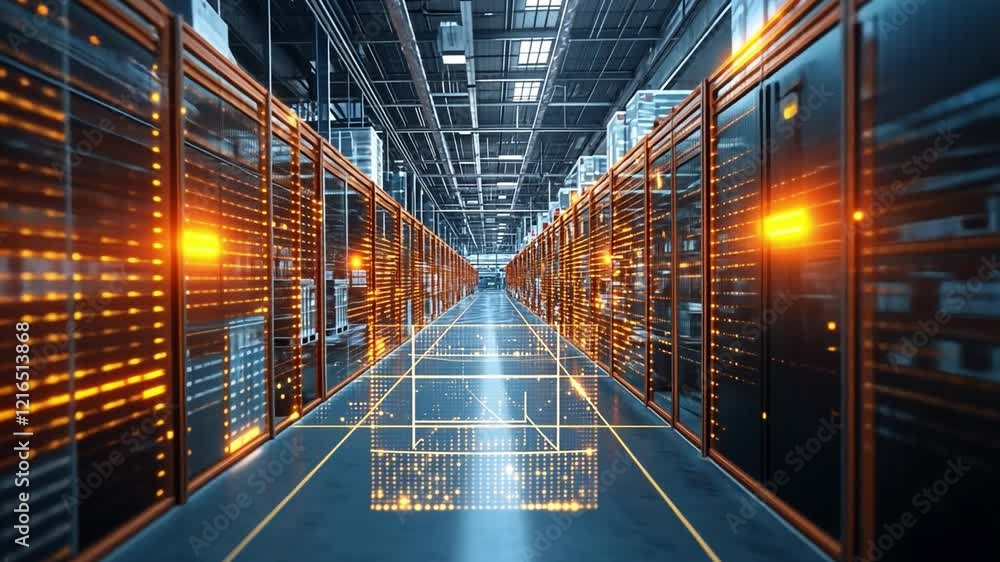 Poster high-tech data center interior with illuminated shelves and futuristic grid pattern