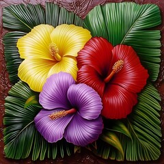 Obraz premium A vibrant depiction of hibiscus flowers in various colors surrounded by lush green leaves.