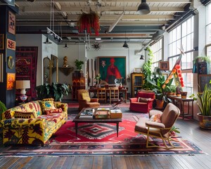 Illustration of A cluttercore-inspired trendy loft, with an open floor plan filled with eclectic furniture, art installations, and an abundance of cozy, colorful textiles. Ai Generate.

