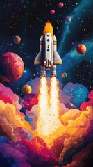 Fototapeta premium Pixelated Rocket Launches Through Colorful Cosmic Nebula