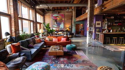 Illustration of A cluttercore-inspired trendy loft, with an open floor plan filled with eclectic furniture, art installations, and an abundance of cozy, colorful textiles. Ai Generate.
