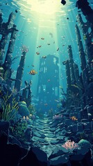 Sunlit Ruins Beneath The Ocean Depths A Serene Underwater Scene