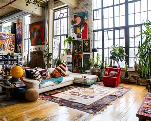 Illustration of A cluttercore-inspired trendy loft, with an open floor plan filled with eclectic furniture, art installations, and an abundance of cozy, colorful textiles. Ai Generate.
