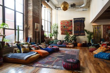Illustration of A cluttercore-inspired trendy loft, with an open floor plan filled with eclectic furniture, art installations, and an abundance of cozy, colorful textiles. Ai Generate.
