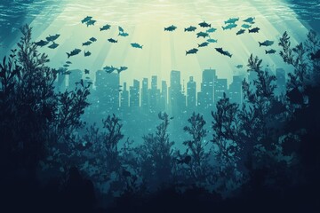 Fototapeta premium Underwater Cityscape Featuring Fish and Aquatic Plants