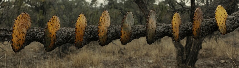Desert cactus pads on branch, arid landscape background, nature photography