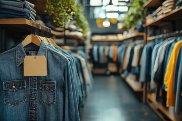 Obraz premium Explore the collection of faded blue jeans with a blank leather label in a trendy fashion store showcasing contemporary styles