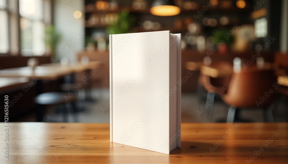 Poster blank white book mockup on wooden table in cafe setting. empty cover ready for design. generative ai