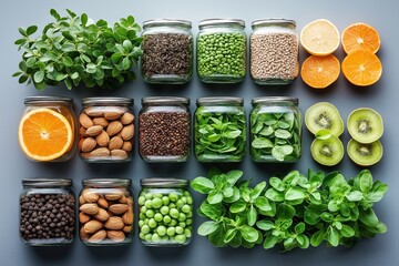 Assortment of optimism concept elements on a gray surface highlighting healthy foods and nature's bounty