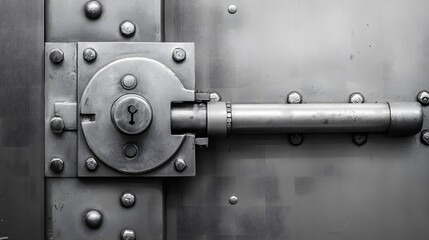 A metal safe door with a lock, featuring a textured steel design and rivets, giving an industrial and grunge look
