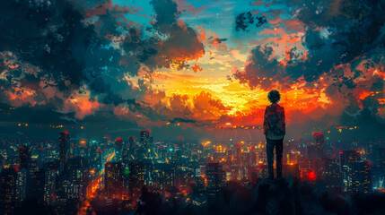 Fototapeta premium A lonely teenager against the backdrop of a modern night city lit by lights. Copy space for text.