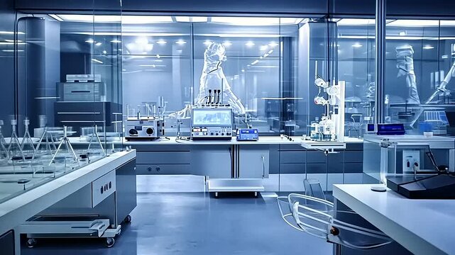 Modern laboratory interior showcasing advanced scientific equipment and a futuristic atmosphere