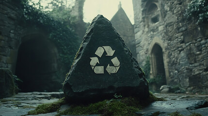 Recycle Symbol on Weathered Stone in Ancient Ruins