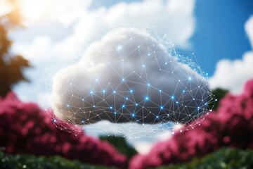 Abstract cloud computing concept over a vibrant meadow landscape with glowing connections representing financial technology advancements