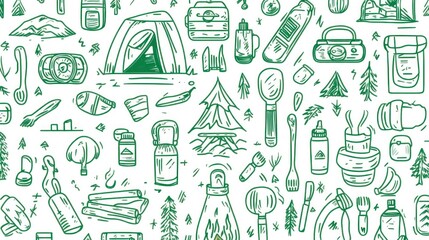 Camping gear & equipment pattern. Outdoors background. Lifestyle illustration