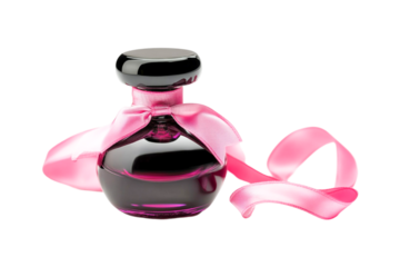 Pink ribbon adorns elegant perfume bottle