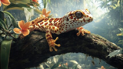 A vibrant gecko perched on a textured tree trunk, surrounded by lush green foliage.