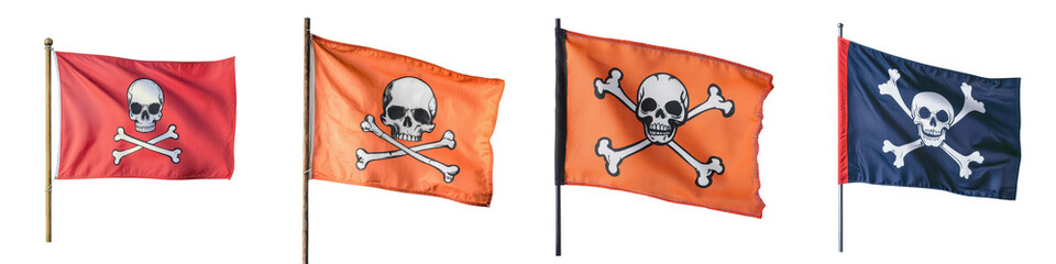 Striking collection of vibrant pirate flags featuring the iconic skull and crossbones symbol representing the danger threat and rebellion associated with maritime outlaws and buccaneers