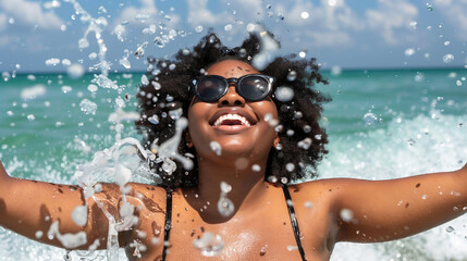 Beautiful African american woman in bikini on tropical beach. Portrait of dark skinned woman smiling at sea. Brunette tanned girl in swimwear enjoying and walking on beach.