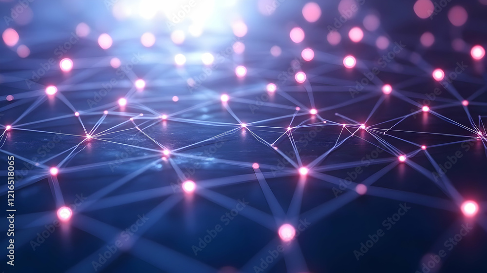 Poster abstract network connections: glowing nodes and lines in a digital landscape
