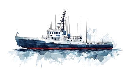 Fototapeta premium Watercolor Painting of a Tugboat at Sea.