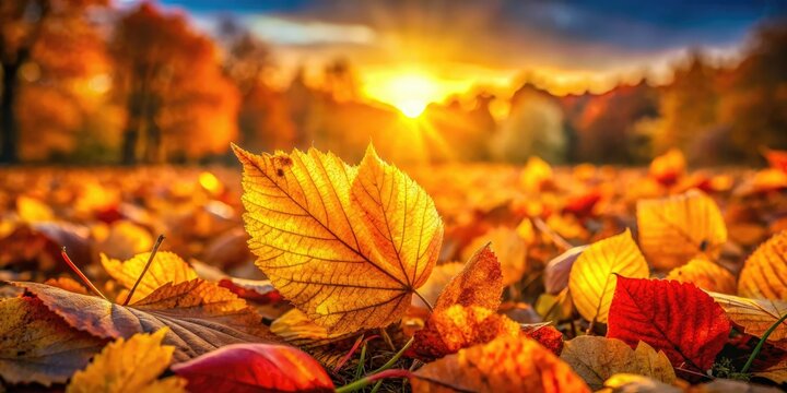 Crisp autumn foliage bathed in golden hour light, deep focus reveals every detail.