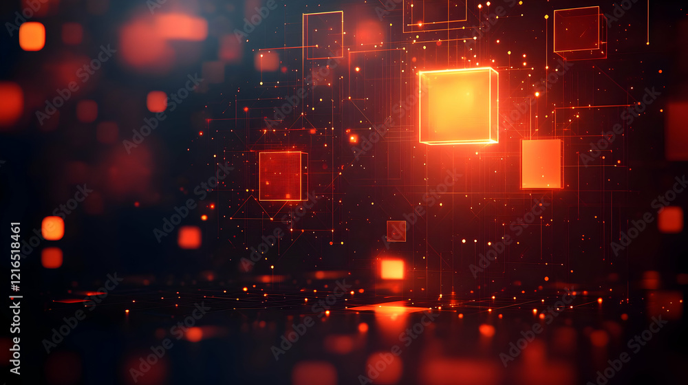 Poster abstract futuristic background with glowing red squares and lines