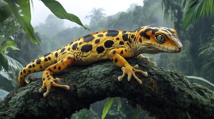 Obraz premium A vibrant gecko perched on a textured tree trunk, surrounded by lush green foliage.