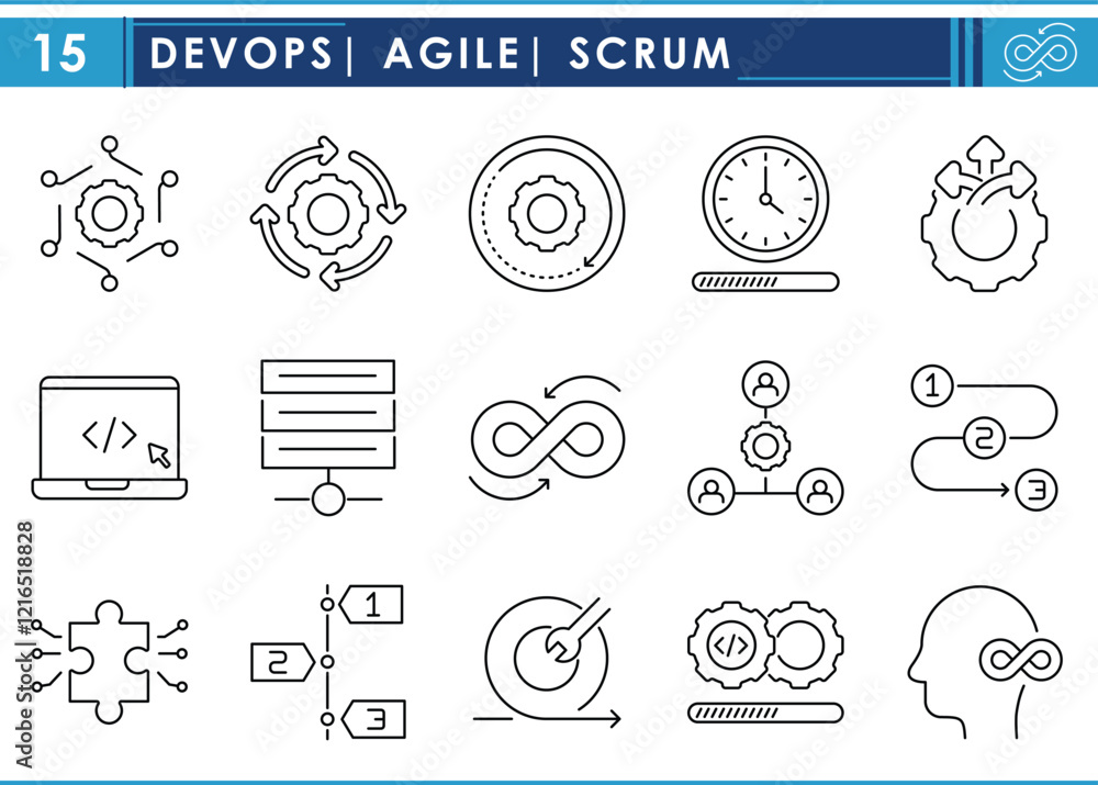 Poster a set of line icons related to devops, agile, scrum. plan, process, setup, development, users, actio