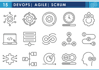 A set of line icons related to Devops, agile, scrum. Plan, process, setup, development, users, action, time, direction, and so on. Vector editable stroke.