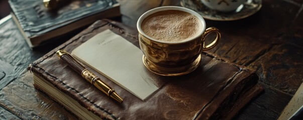 Naklejka premium Enjoying a warm cup of coffee beside a leather bound notebook and gold pen in a quiet moment