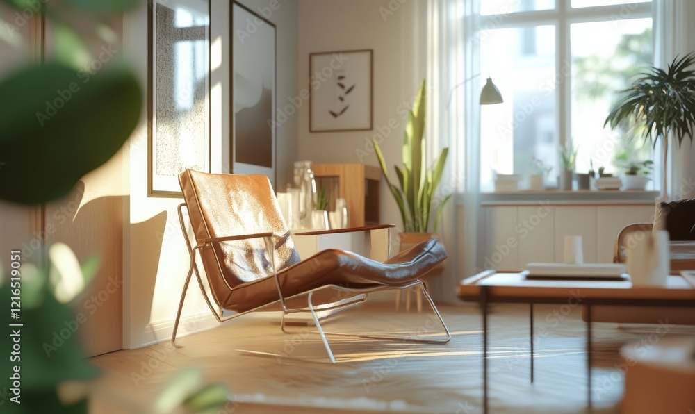 Aufkleber illustrate a poster frame mock-up in a scandinavian-style hipster living room background, using 3d r