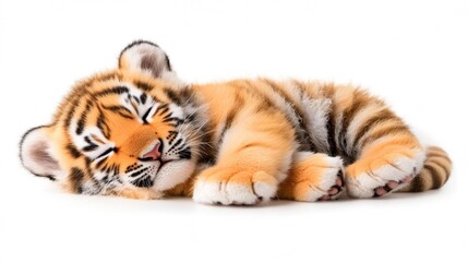 Sleeping tiger cub on white background. Generative AI